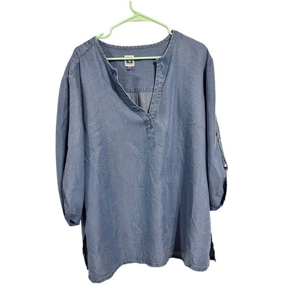 Anne Klein Blue Chambray Lyocell Roll Tab Sleeve V Neck Blouse Size 2X - Picture 1 of 8